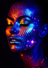 Woman in makeup with glitter and neon colors on a dark conceptual background for photo frame