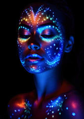 Woman in makeup with glitter and neon lights on a dark conceptual background for photo frame
