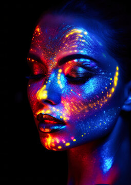 Woman in makeup with paint and glitter in neon colors on a dark conceptual background for photo frame