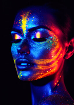 Woman in makeup with paint and glitter in neon colors on a dark conceptual background for photo frame