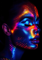 Woman with galaxy makeup in neon colors with glitter on a dark conceptual background for photo frame