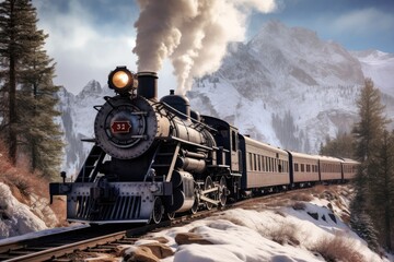 Naklejka premium Steam locomotive journey: majestic scenes of snowy mountain routes