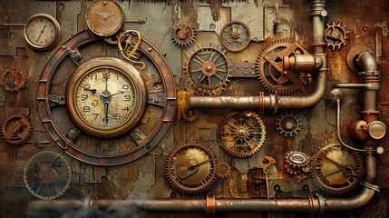 Fototapeta na wymiar Abstract steampunk grunge background, rusty gears, pipes, mechanisms, wheels, textured backdrop in science fiction style, AI generated