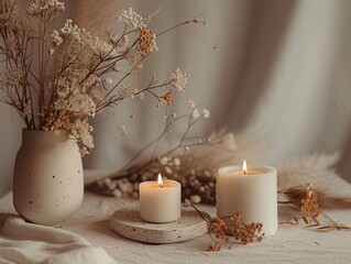 Cozy Home Decor Featuring Dried Flowers and Glowing Candles