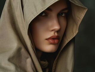 Serene Model Posing in Beige Hooded Garment