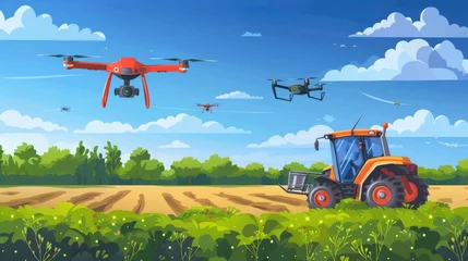 Fotobehang Agricultural drones and robotics, cartoon robots working the land and flying overhead © komgritch