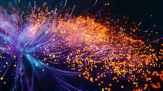 Abstract orange particles of optical fiber 3d illustration