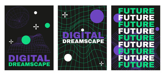Retro futuristic vibe flyers set. Y2k techno vibe banners set. Retrowave posters with vibrant purple and green text and lines on black background, announcement text frame