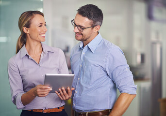 Happy, business people and team with tablet for research, communication or networking at the...