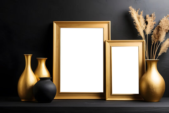 Wooden frame mockup on a shelf over the black wall with gold vases, blank four photo frame design.