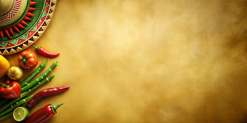 Background or yellow backdrop for festival Cinco de mayo festive of Mexico. Colorful top view of sombreros surrounded by an assortment of vibrant chili peppers and tomatoes, mexican cuisine theme