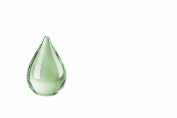 Goutte verte transparente et épaisse, d'un liquide, type produit vaisselle ou nettoyant ménager, ou goutte en verre décoratif, sur fond blanc avec espace négatif pour texte copyspace