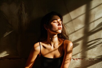 Woman Basking in Sunlight Against Textured Wall