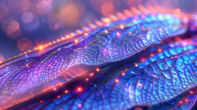 Multi-colored glowing psychedelic dragonfly wing close-up, macro image