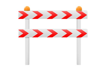 Protective road barrier with red stripes for blocking road. Realistic 3d Vector illustration of a guardrail, road barrier fence, isolated on white. Road construction, roadblock sign - obrazy, fototapety, plakaty