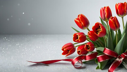 tulip, with silver, glittery red tulips, with copy space for text, for card, congratulations