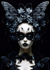 Dark style woman in wonderland with white flowers on a dark background conceptual for photo frame