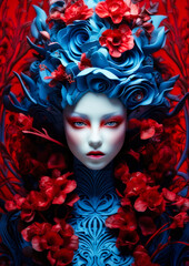 Beautiful woman in wonderland with red and blue flowers on a dark background for photo frame