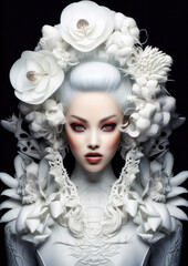 Elegant woman in white in wonderland with white flowers on a dark background for photo frame