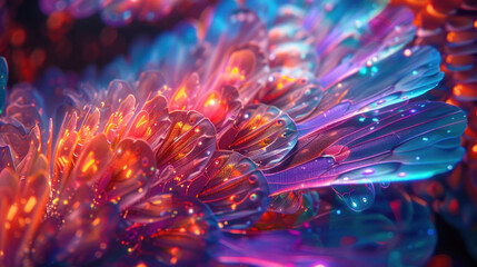 Fantastic trippy texture of a colorful butterfly wing, high magnification, bright neon colors