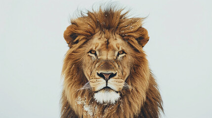 Front view portrait of a lion on white background