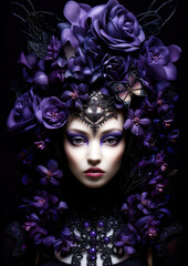 Exotic style woman in wonderland with purple flowers on a dark background conceptual for photo frame