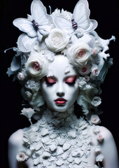 Girl in wonderland with flowers and butterflies in white tones on a dark background for photo frame