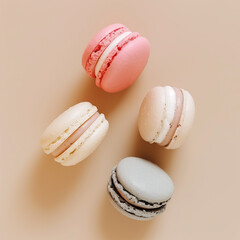 Colorful macaroons on beige background.