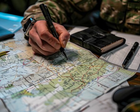 Military strategy planning maps and markers