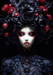 Gothic woman in wonderland with black and red flowers on a dark background conceptual for photo frame