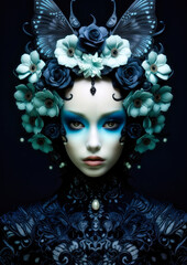 Gothic woman in wonderland with black and green flowers on a dark background for photo frame