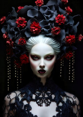 Gothic woman in wonderland with black and red flowers on a dark background for photo frame