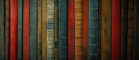 Abstract background with book spines standing in a row, shelf with books in leather antique vintage binding close-up, AI generated