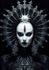 Gothic woman in wonderland with black clothes and accessories on a dark background for photo frame