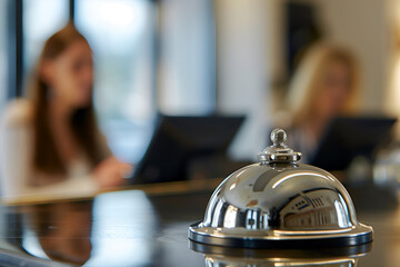 Close up of a hotel service bell on a reception desk with two women in the background - obrazy, fototapety, plakaty