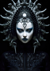 Woman all in black in Wonderland in gothic style on a dark background conceptual for photo frame