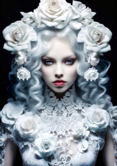 Woman all in white in wonderland with white flowers on a dark background conceptual for photo frame