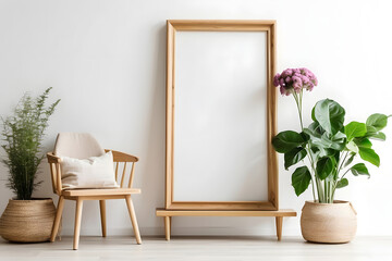 Wooden frame mockup on shelf over white brick wall with Halloween ornaments, blank vertical frame with copy space, Wooden frame mockup on the shelf over a white wall with flowers in vase and plants 