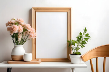 Wooden frame mockup on shelf over white brick wall with Halloween ornaments, blank vertical frame with copy space, Wooden frame mockup on the shelf over a white wall with flowers in vase and plants 