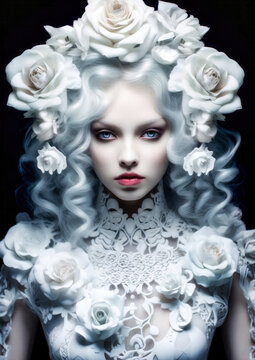 Woman all in white in wonderland with white flowers on a dark background conceptual for photo frame