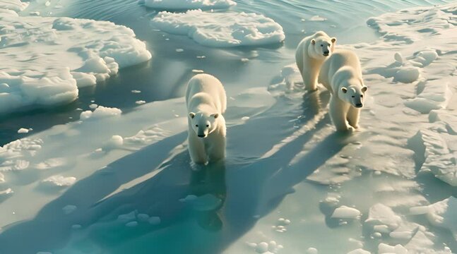 high angle of mother polar bear and cub walking on ice floe in arctic ocean north