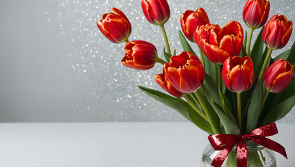 tulip, with silver, glittery red tulips, with copy space for text, for card, congratulations