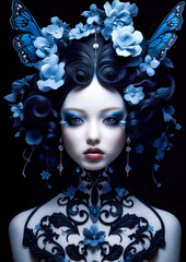 Young woman in wonderland with blue flowers and butterflies on a dark background for photo frame