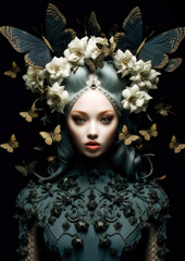 Young woman in wonderland with white flowers and black and gold butterflies on a dark background