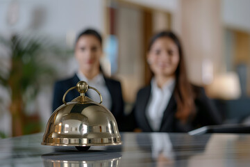 Close up of a hotel service bell on a reception desk with two young women in suits behind it - obrazy, fototapety, plakaty