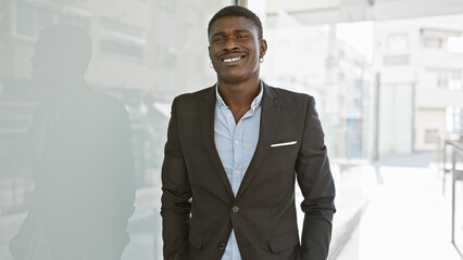 Handsome african american man in suit smiling confidently on a sunny city street.