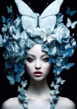 Woman with butterflies and flowers on her head in Wonderland on a dark background for photo frame
