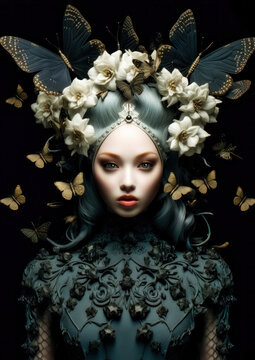 Young woman in wonderland with white flowers and black and gold butterflies on a dark background