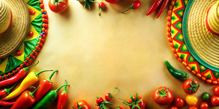 Background or yellow backdrop for festival Cinco de mayo festive of Mexico. Colorful top view of sombreros surrounded by an assortment of vibrant chili peppers and tomatoes, mexican cuisine theme