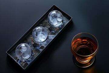 A tray of ice cubes sits on a table next to a glass of amber liquid. The ice cubes are arranged in a row, with one in the middle and two on the right. The tray and glass are both made of metal